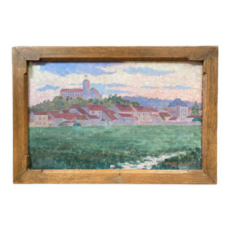 Oil painting representing a village signed and dated 1921
