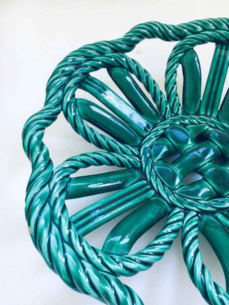 Mid-century Modern Art Ceramics Green Braided Woven Bowl by Vallauris, 1950s