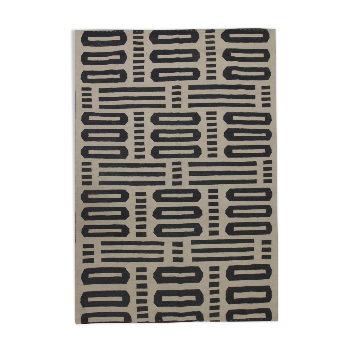 Bold Geometric Kilim Contemporary Grey Cream Wool Area Rug- 177x225cm