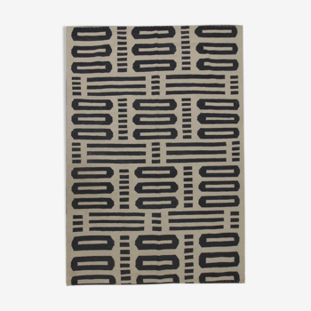 Bold Geometric Kilim Contemporary Grey Cream Wool Area Rug- 177x225cm