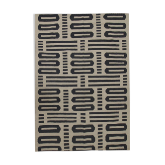 Bold Geometric Kilim Contemporary Grey Cream Wool Area Rug- 177x225cm