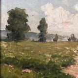 Peinture à l'huile vintage originale de paysage de cottage : Art de la nature encadré