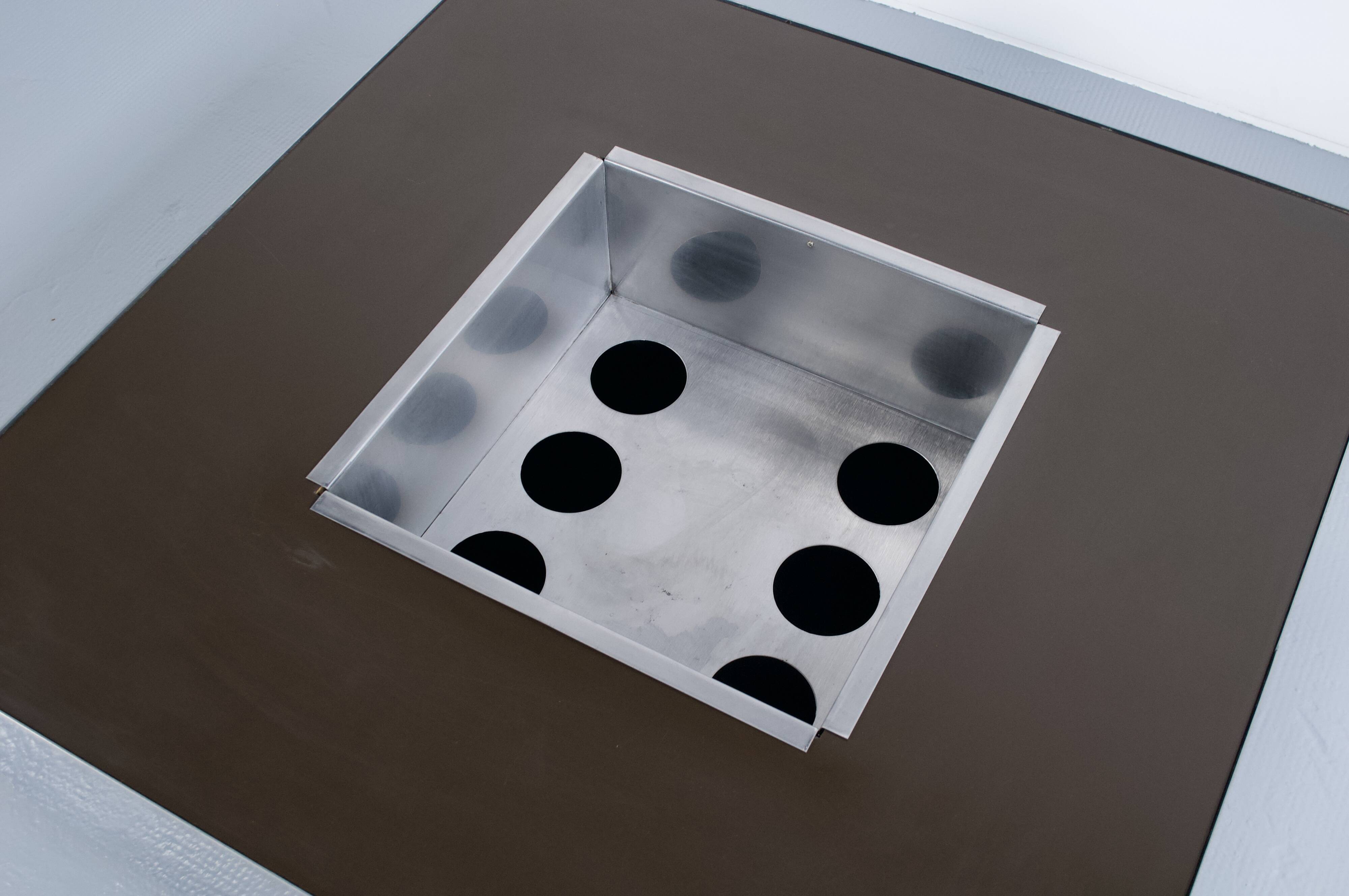 1970s COFFEE TABLE BAR BRUSHED STEEL AND BROWN MELAMINE