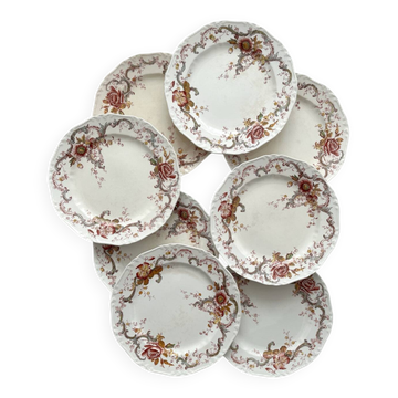 8 polychrome ironstone dinner plates "Wentworth" by Emile Bourgeois