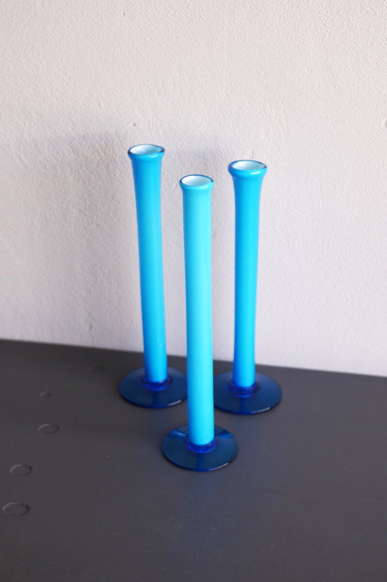 Vintage tall handblown orchid vases in azure blue by Artur Percy for Gullaskruf, 1970s, set of 3