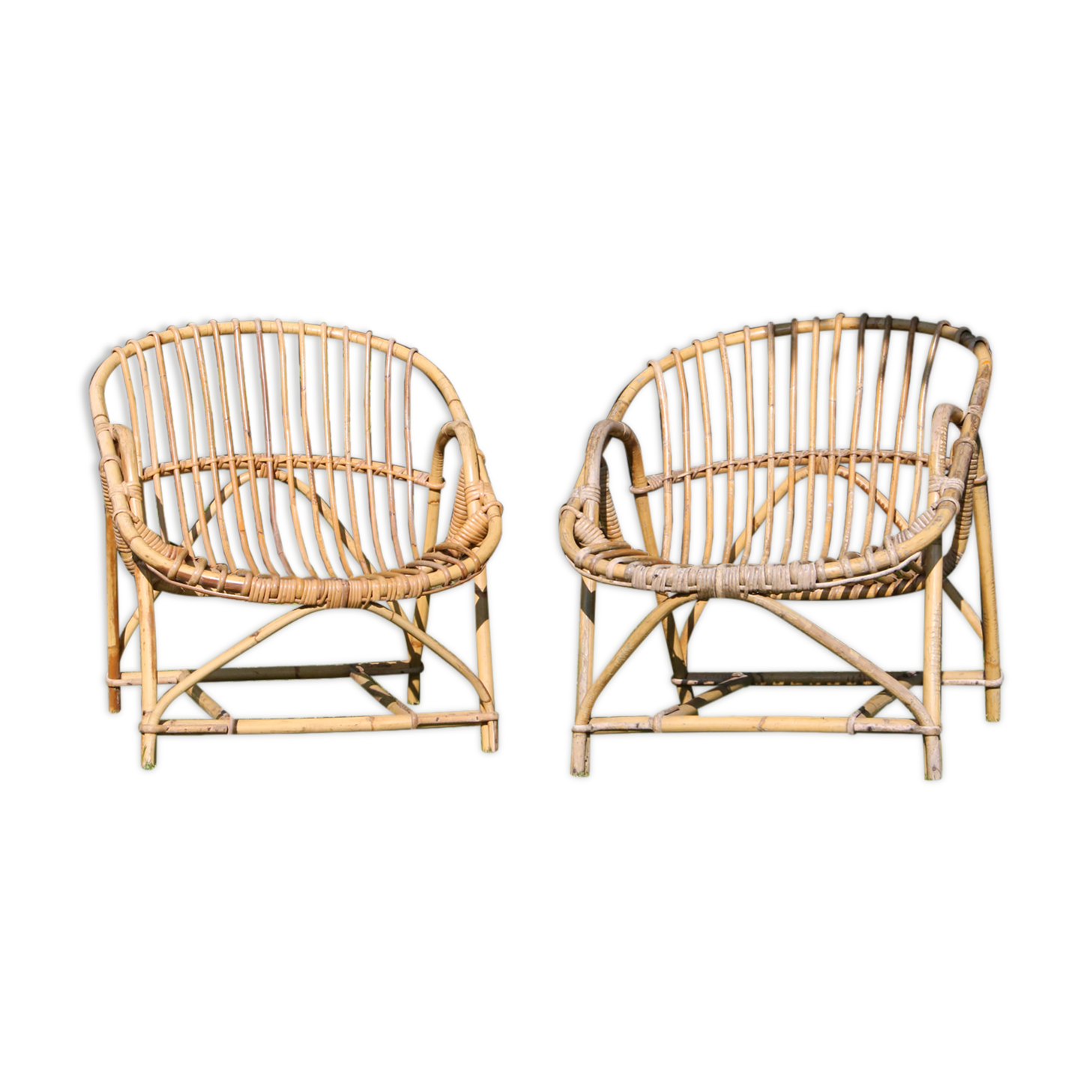 Pair of rattan basket armchairs, 60s