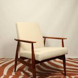 Scandinavian style set lounge chair and ottoman footrest in boucle fabric natural dark wood Mid Cent