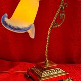 Art deco bronze lamp and its white and blue glass paste tulip 40x30