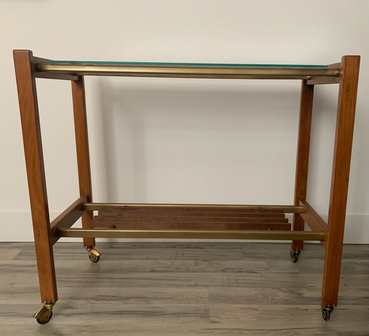 Danish trolley on wheels, teak, brass and glass