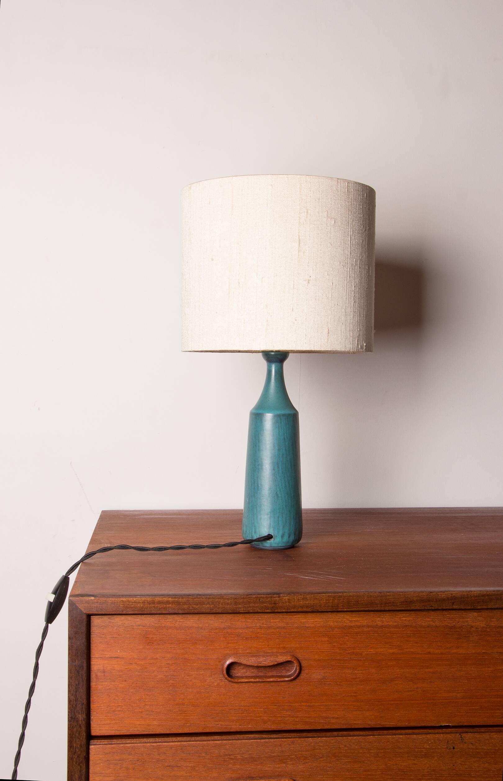 Danish truncated conical table lamp in matte blue sandstone by Gunnar Nylund for Nymolle 1960.