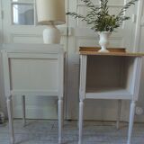 Pair of bedside tables, end tables re-enchanted in pearl gray, wooden top.