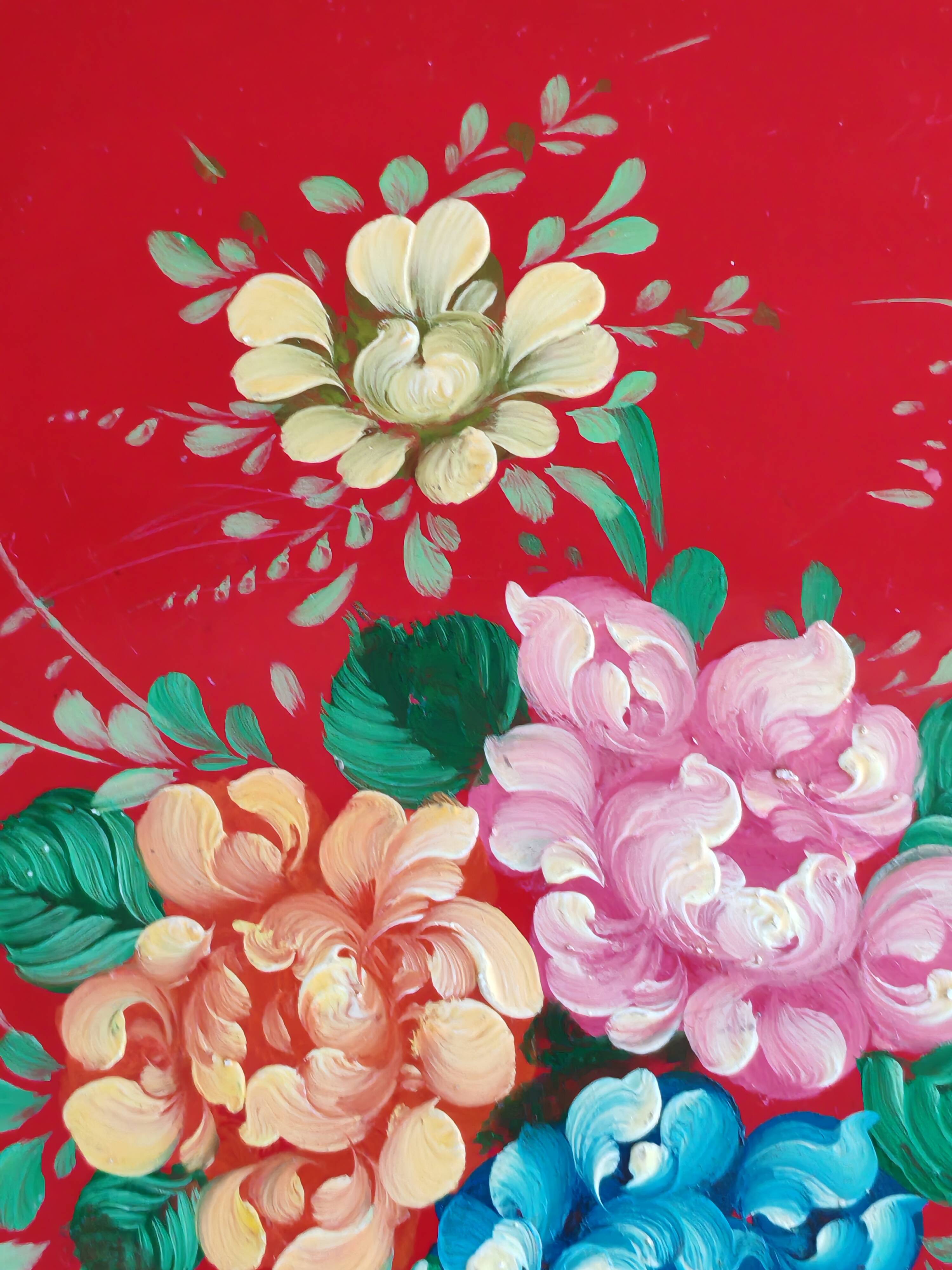 Old Red Plate Signed - Hand-Painted Floral Decoration