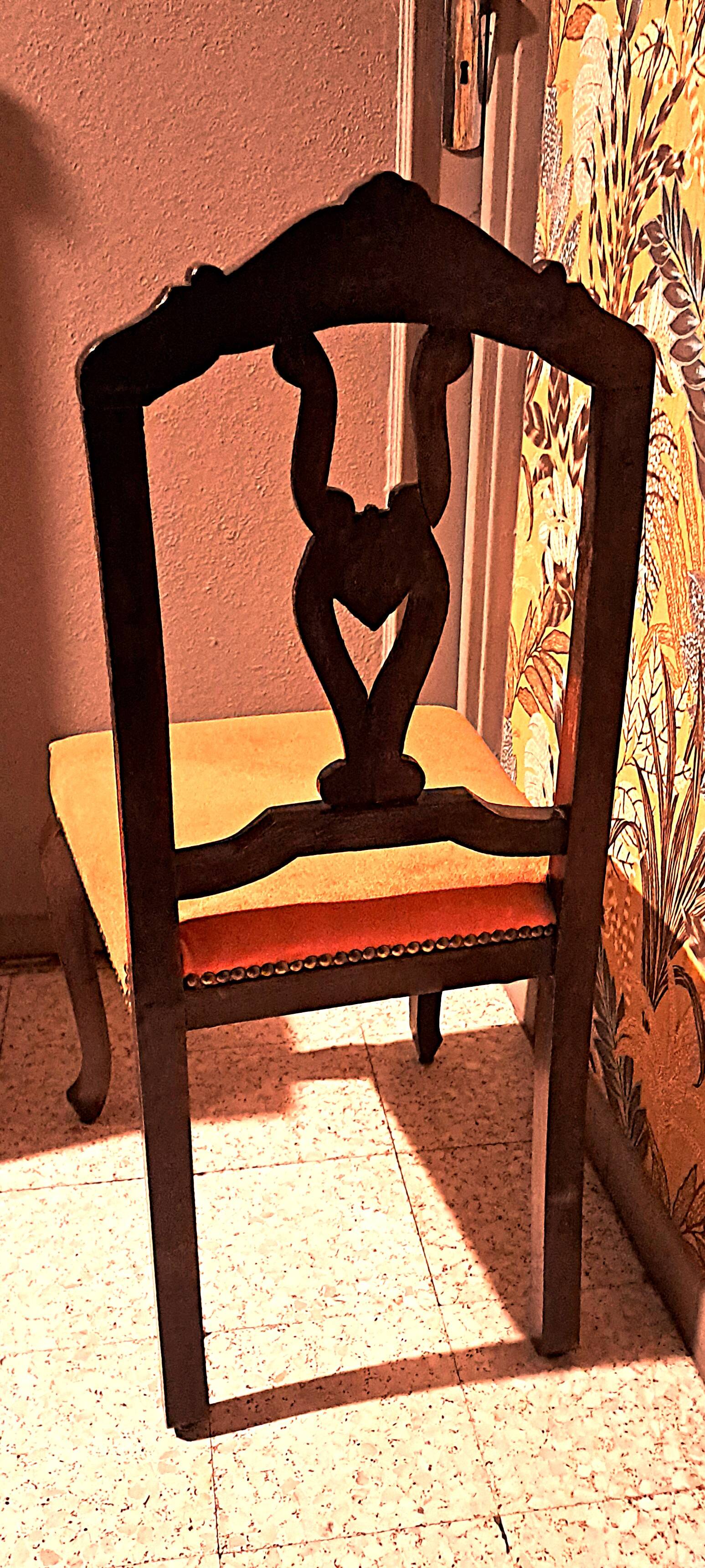 Varnished wood chair with orange velvet fabric, 1880/1900