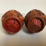 Pair of small woven vases in wicker rattan straw