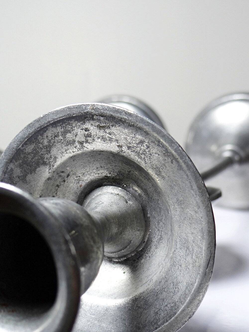 Pair of handcrafted candle holders Sun & Moon vintage mid-century silver-plated tin