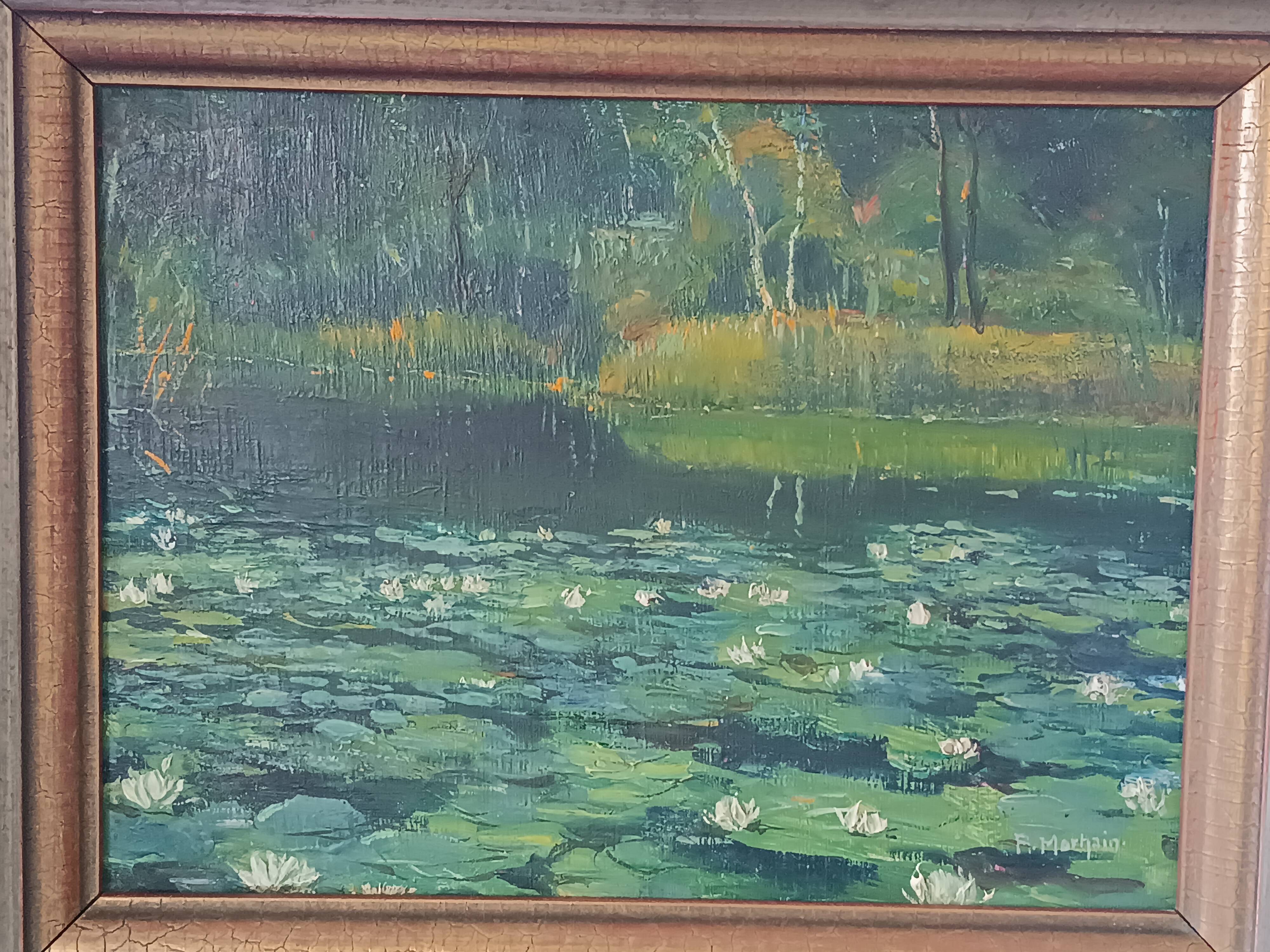 Original oil painting of a landscape with a pond and water lilies by Albert Morhain, 1930.