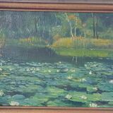 Original oil painting of a landscape with a pond and water lilies by Albert Morhain, 1930.