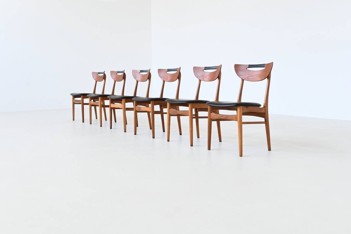 Set of six Danish dining chairs in teak and faux leather Denmark 1960