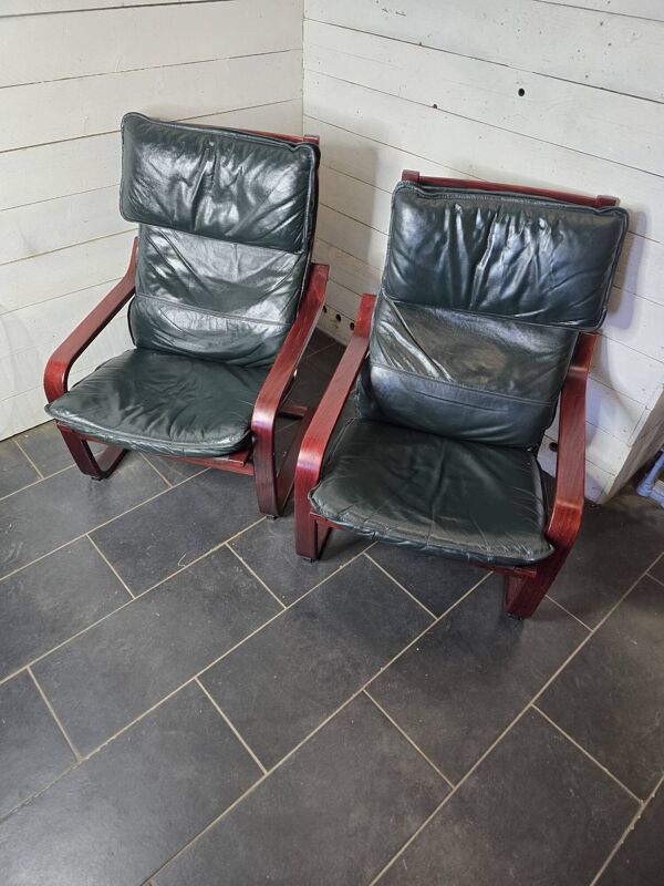 Paire de fauteuils scandinave en cuir et bois courbé
