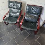 Pair of Scandinavian armchairs in leather and curved wood