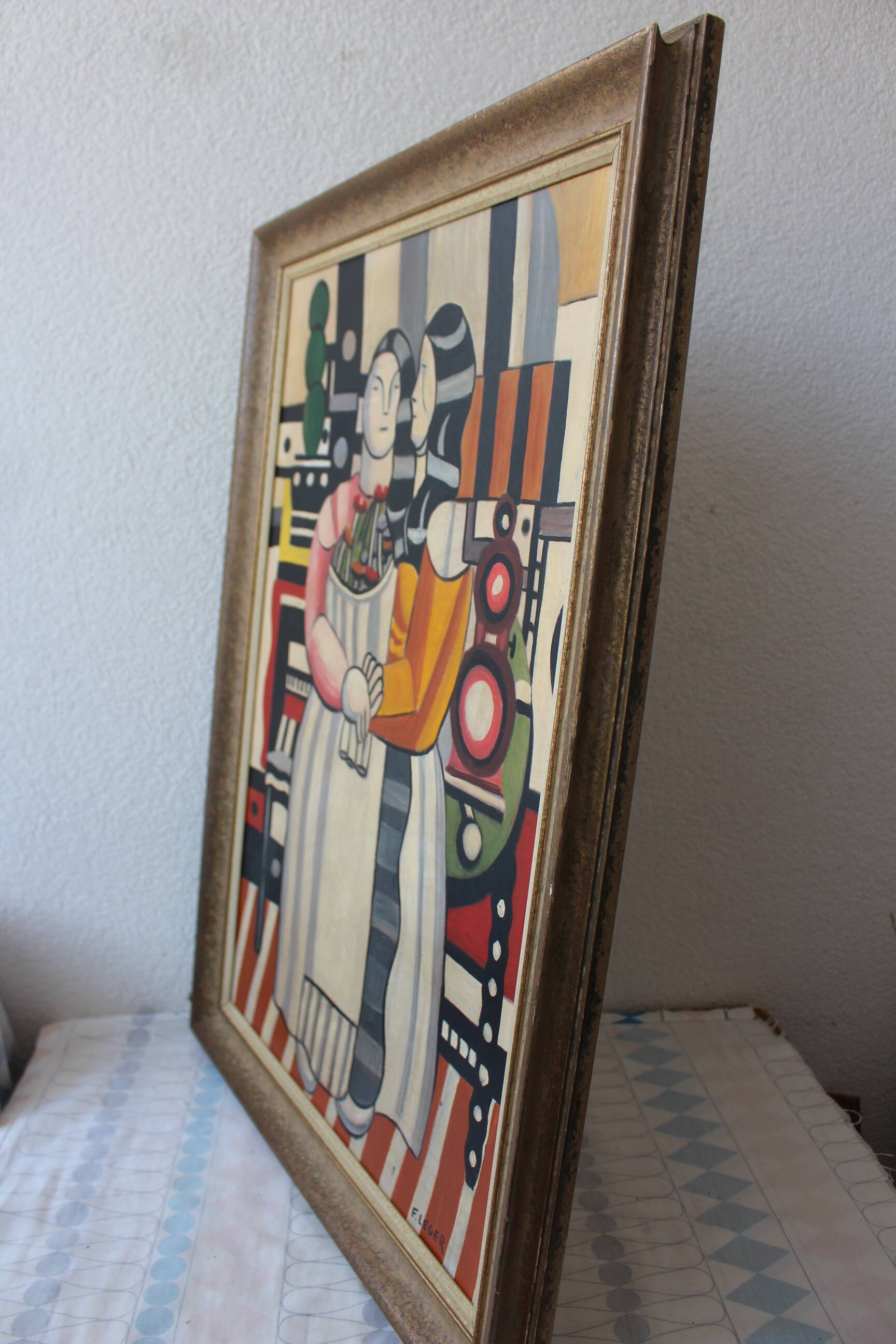 Composition moderne française, peinture à l'huile encadrée, années 1960