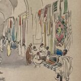 Orientalist drawing in ink and watercolor on paper representing a fabric souk