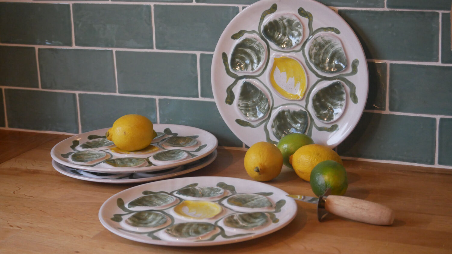 Set of 4 Belon earthenware oyster plates – 25 cm – yellow & green