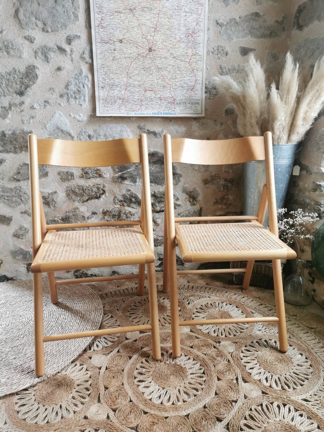 2 Vintage Folding Chairs, Beech and Rattan Canework