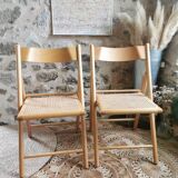 2 Vintage Folding Chairs, Beech and Rattan Canework