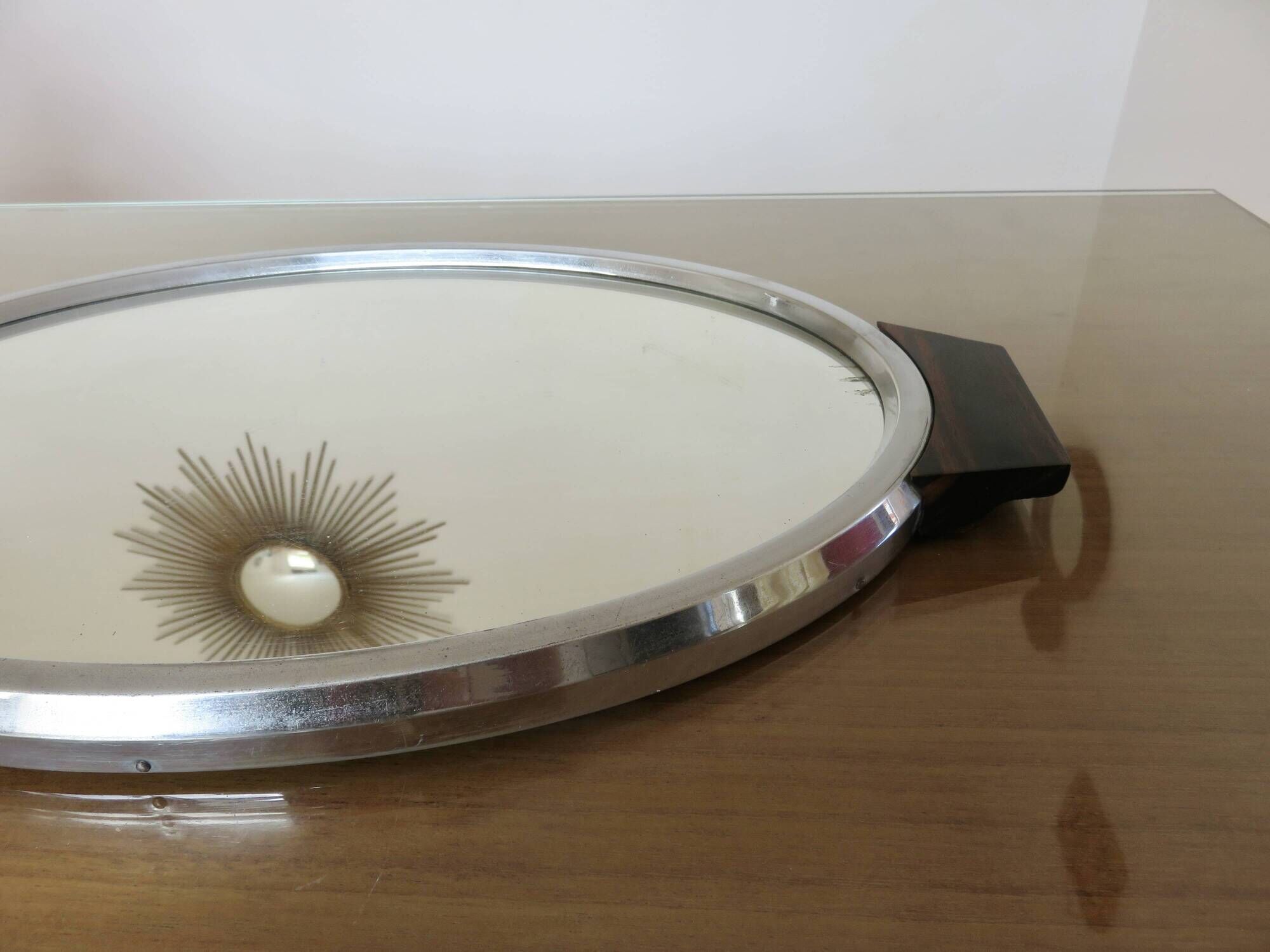 Oval mirror plateau, chrome brass and rosewood, Art Deco, 1920s 30s