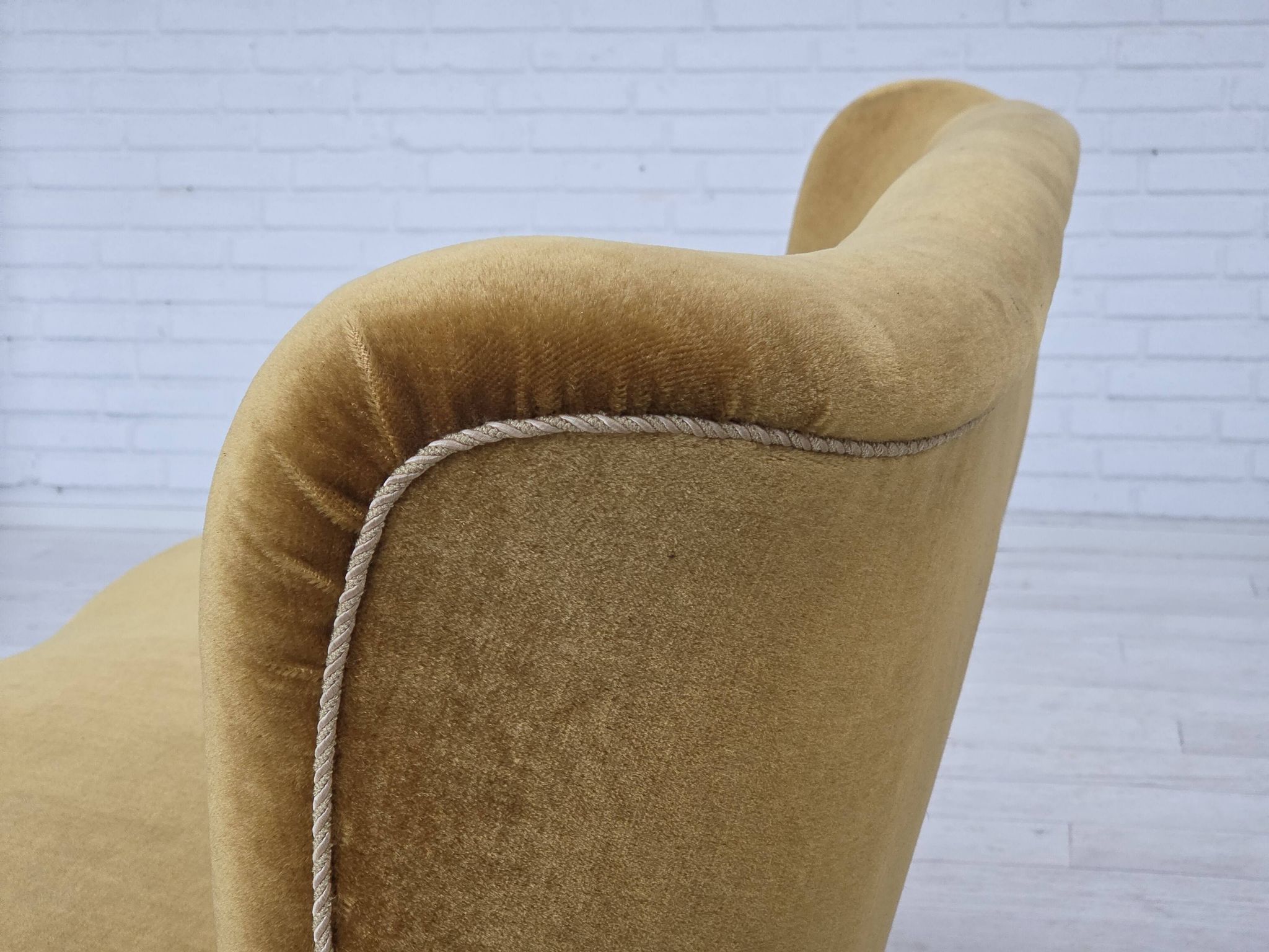 1960s, Danish 3-seater sofa, honey-yellow furniture velour, beech wood.