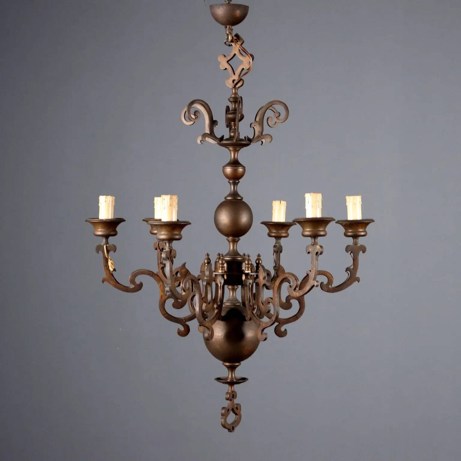 Antique bronze metal chandelier with 6 lights, Netherlands, 20th century.