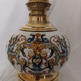 Copper oil lamp . faience of gien