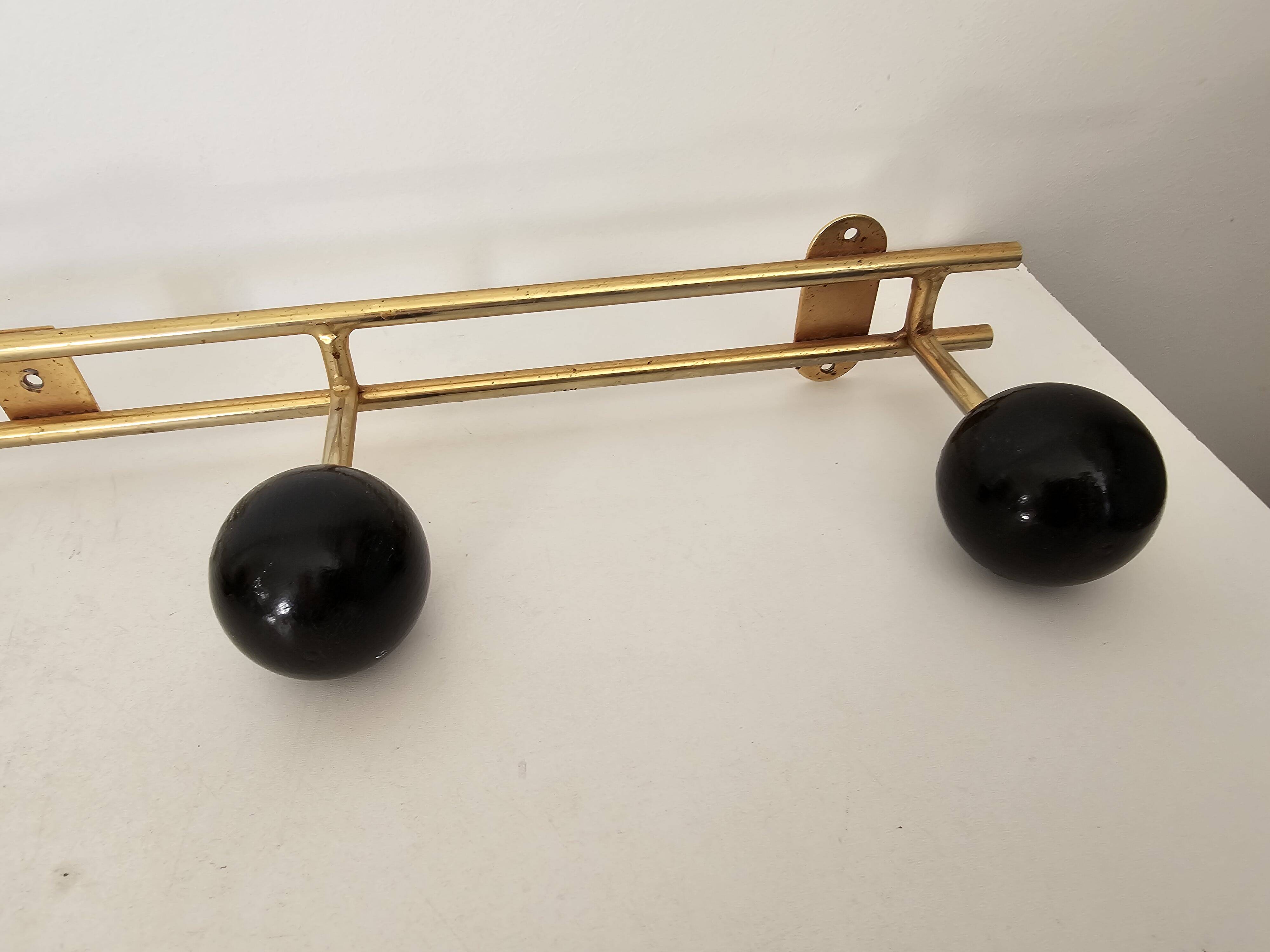Vintage brass coat rack with black wooden ball (4 hooks)