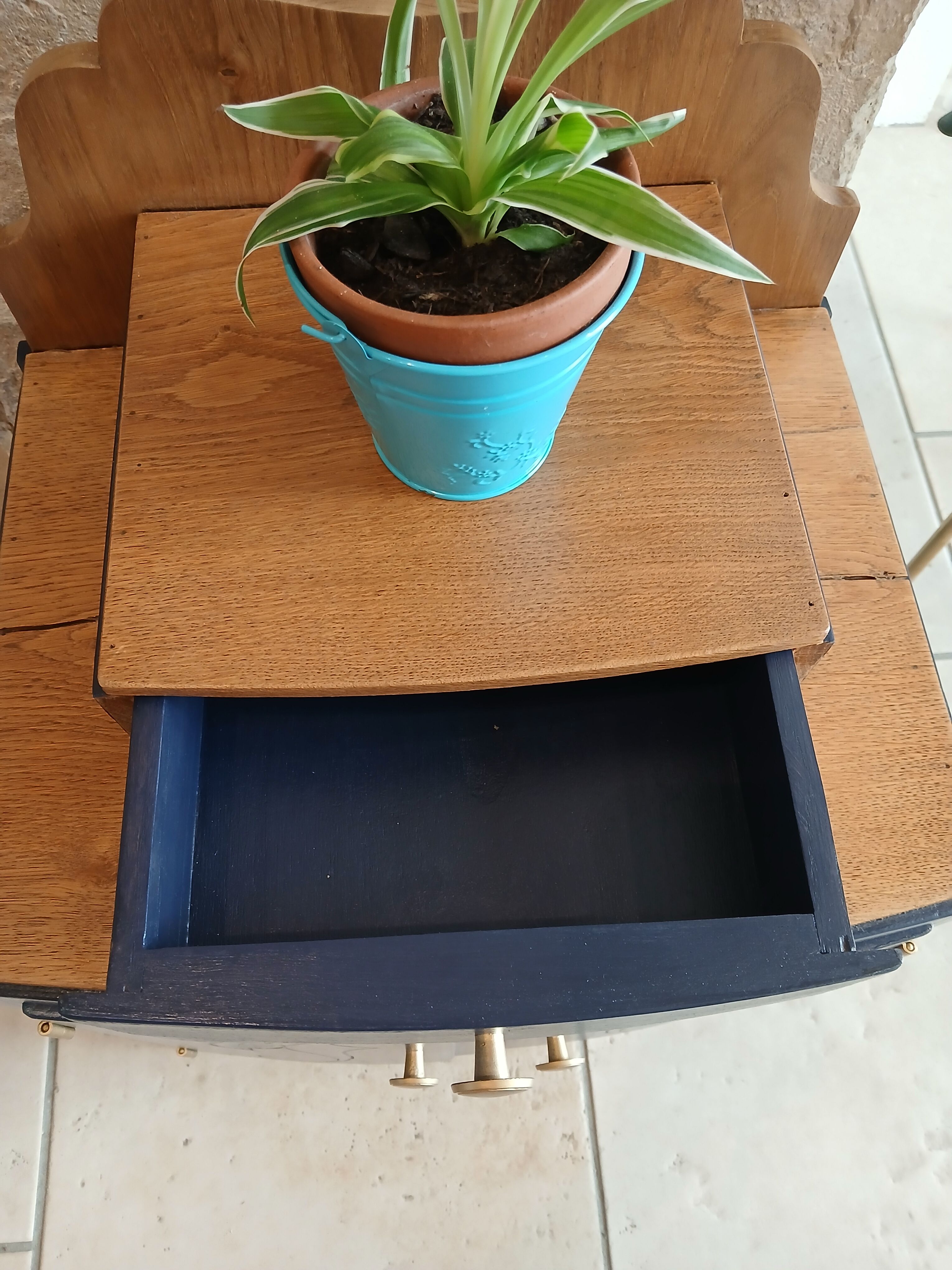 deep blue and wood refurbished bedside table