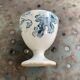 3 white earthenware egg cups, blue foliage decor, Grigny fire clay, made in France