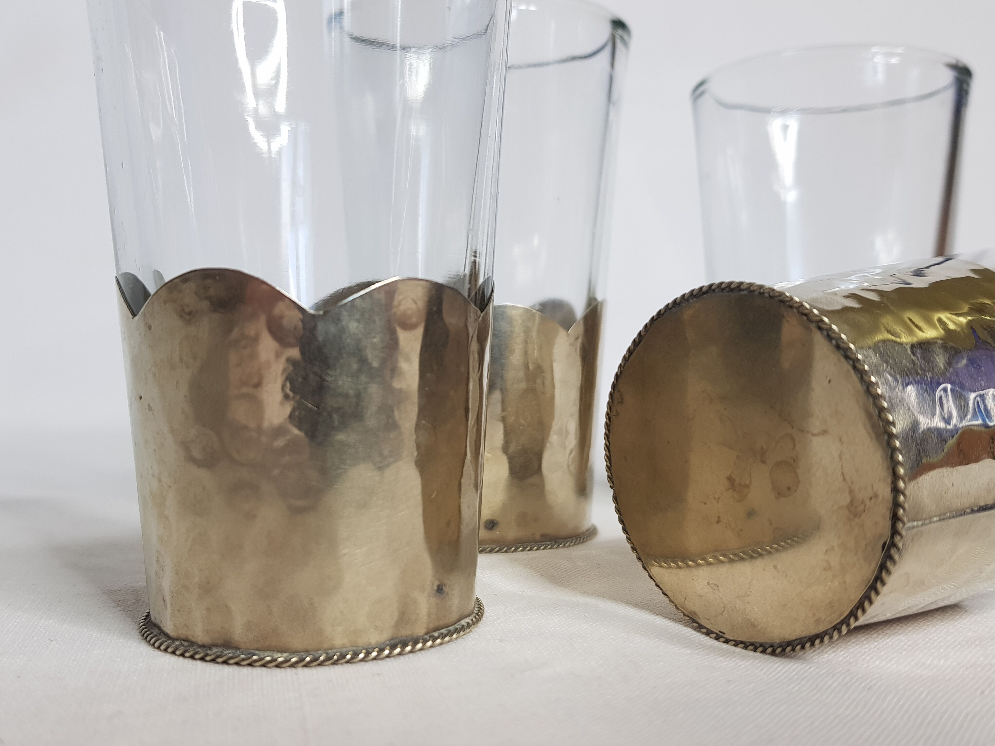 Set of 5 old Moroccan tea glasses in hammered glass and maillechort