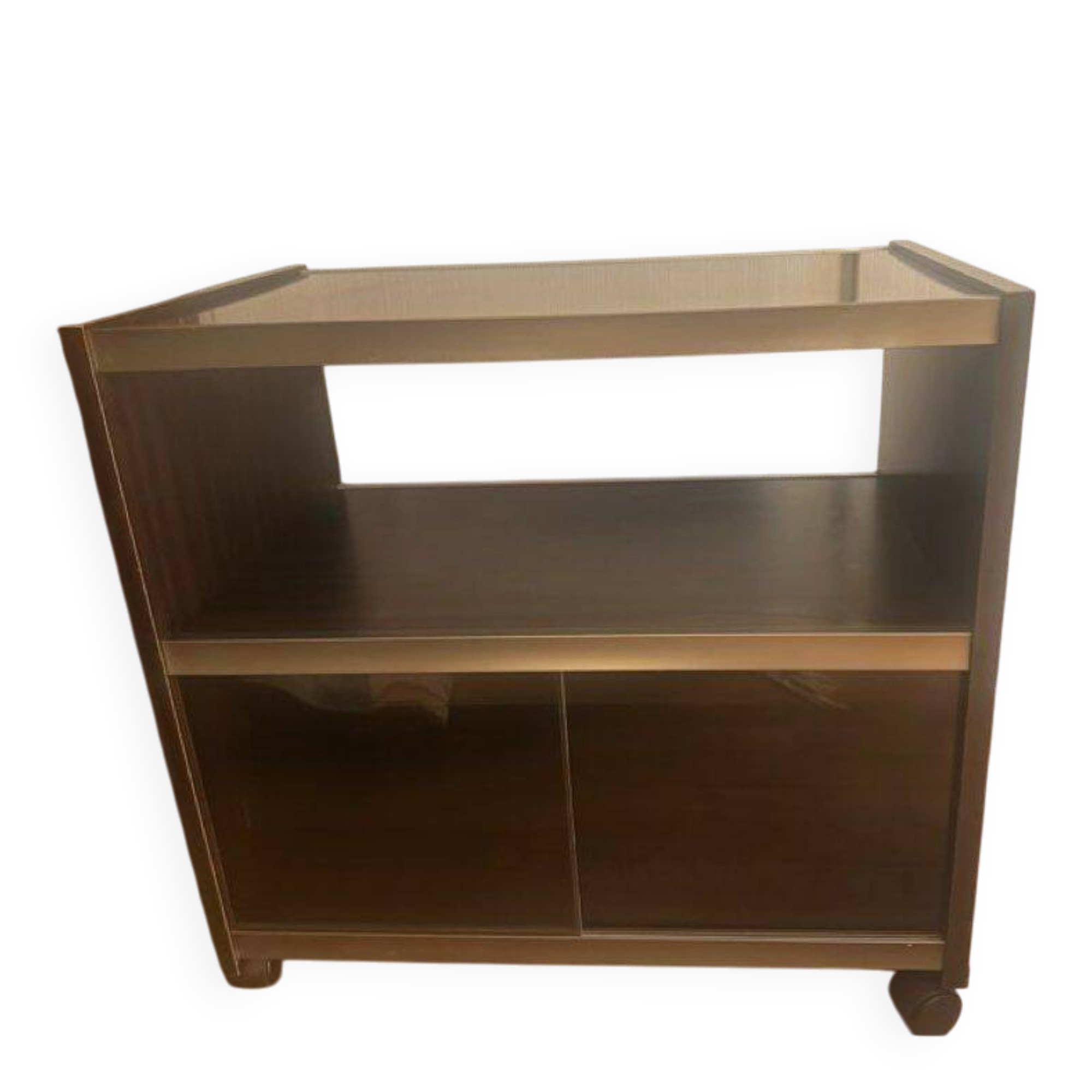 Vintage TV Hi-Fi unit on wheels, smoked glass, sliding doors.