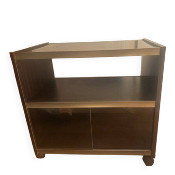 Meuble TV Hi-Fi vintage sur roulettes, verre fumé, portes coulissantes