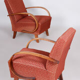 Pair of red czech artdeco beech armchairs by jindrich halabala, up zavody, 1930s