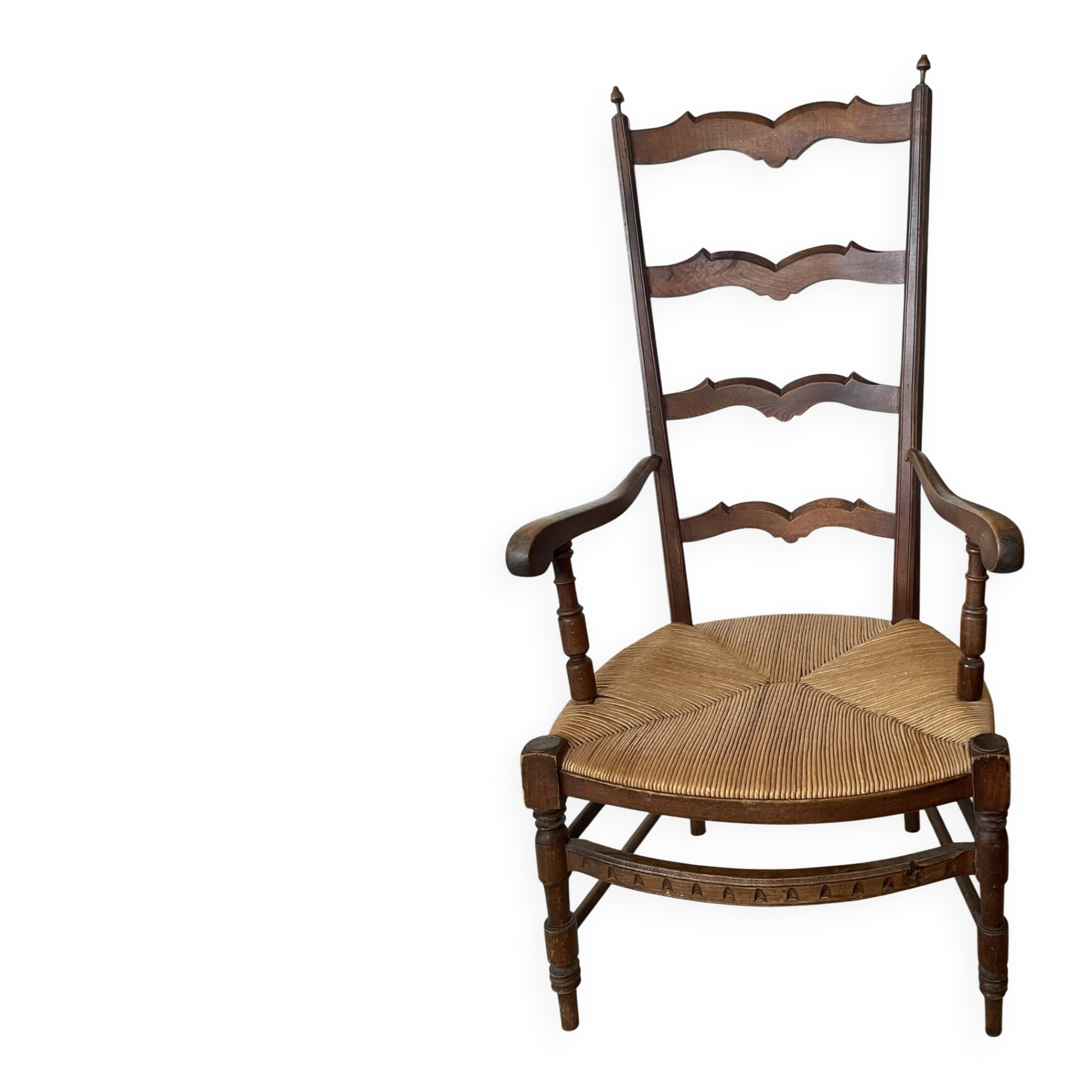 Antique ladderback chair, very high backrest, rush seat.