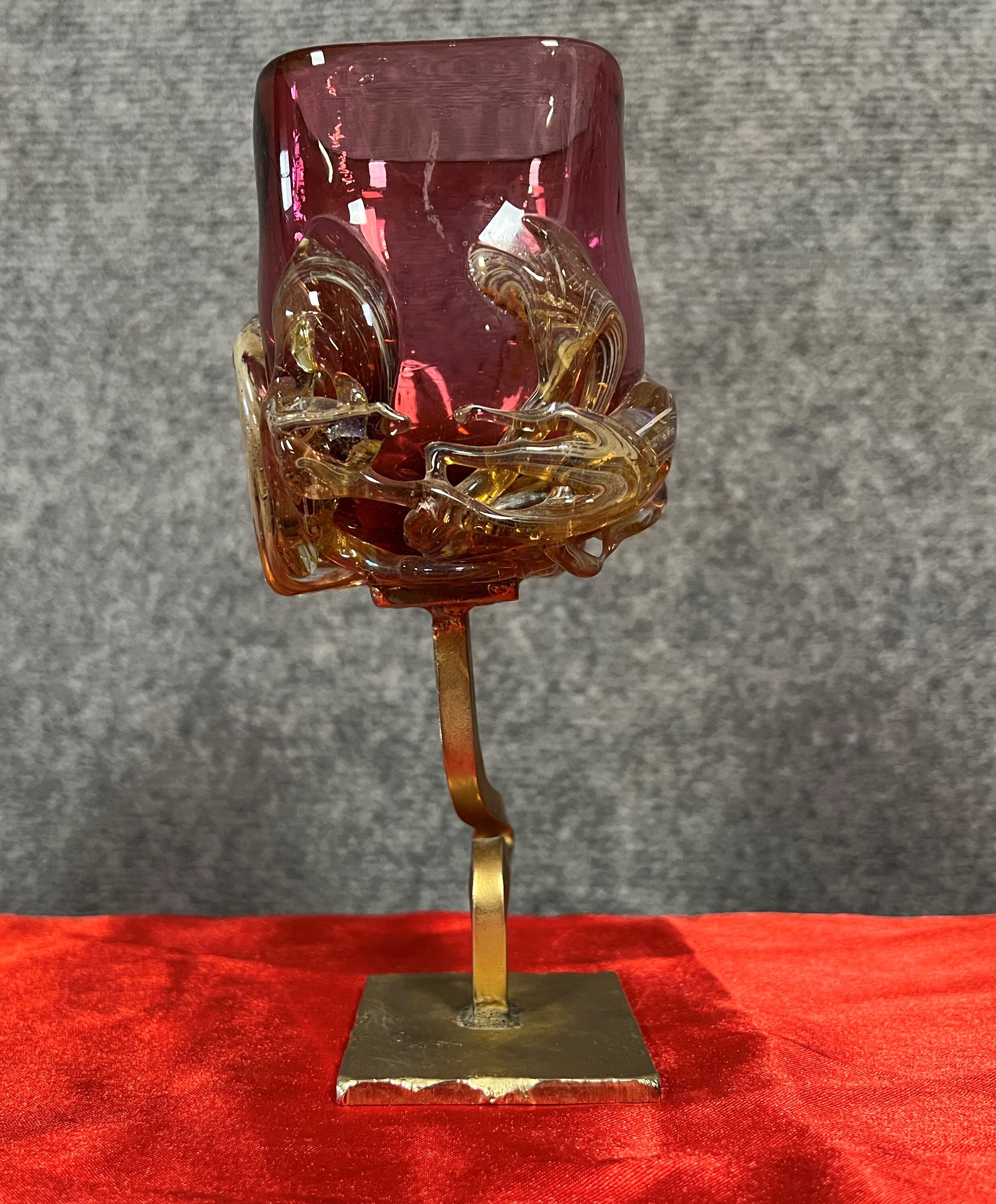 Fabienne Picaud: pink glass vase with amber applied decorations