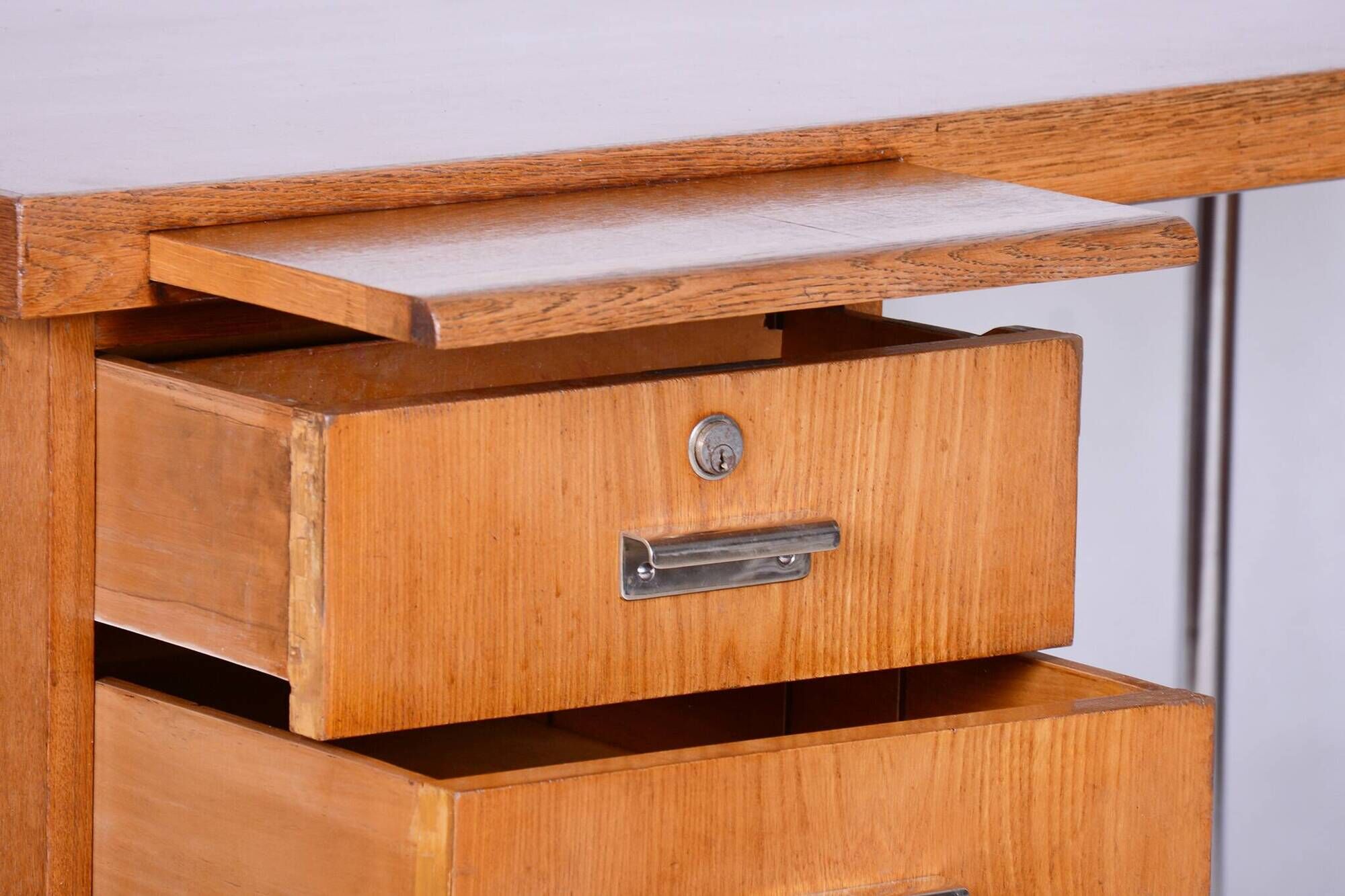 Restored Bauhaus Oak Writing Desk, Hynek Gottwald, Chrome, Czechia, 1930s