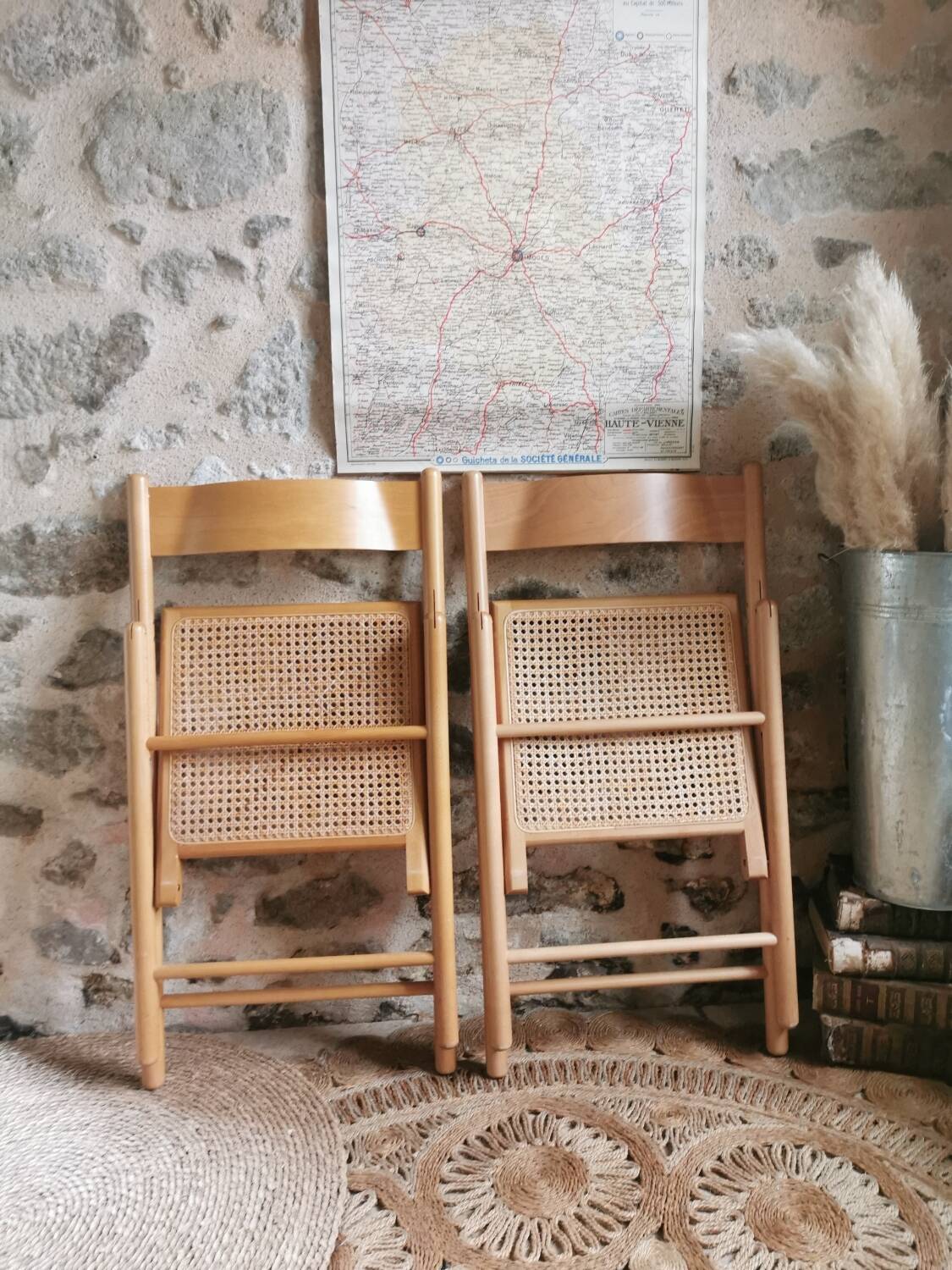 2 Vintage Folding Chairs, Beech and Rattan Canework