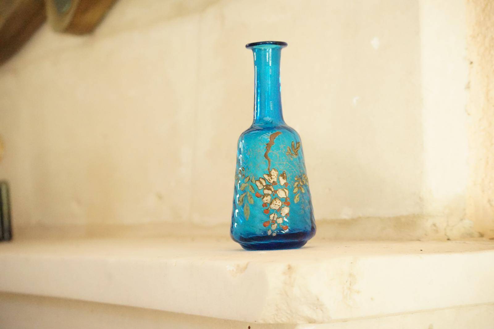 Legras glass carafe in blue enamel with a wisteria design.