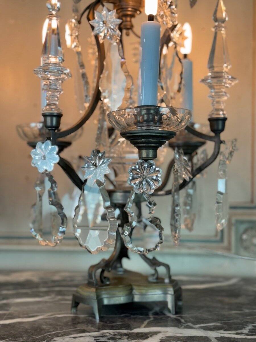 Pair of bronze and cut crystal girandoles circa 1900