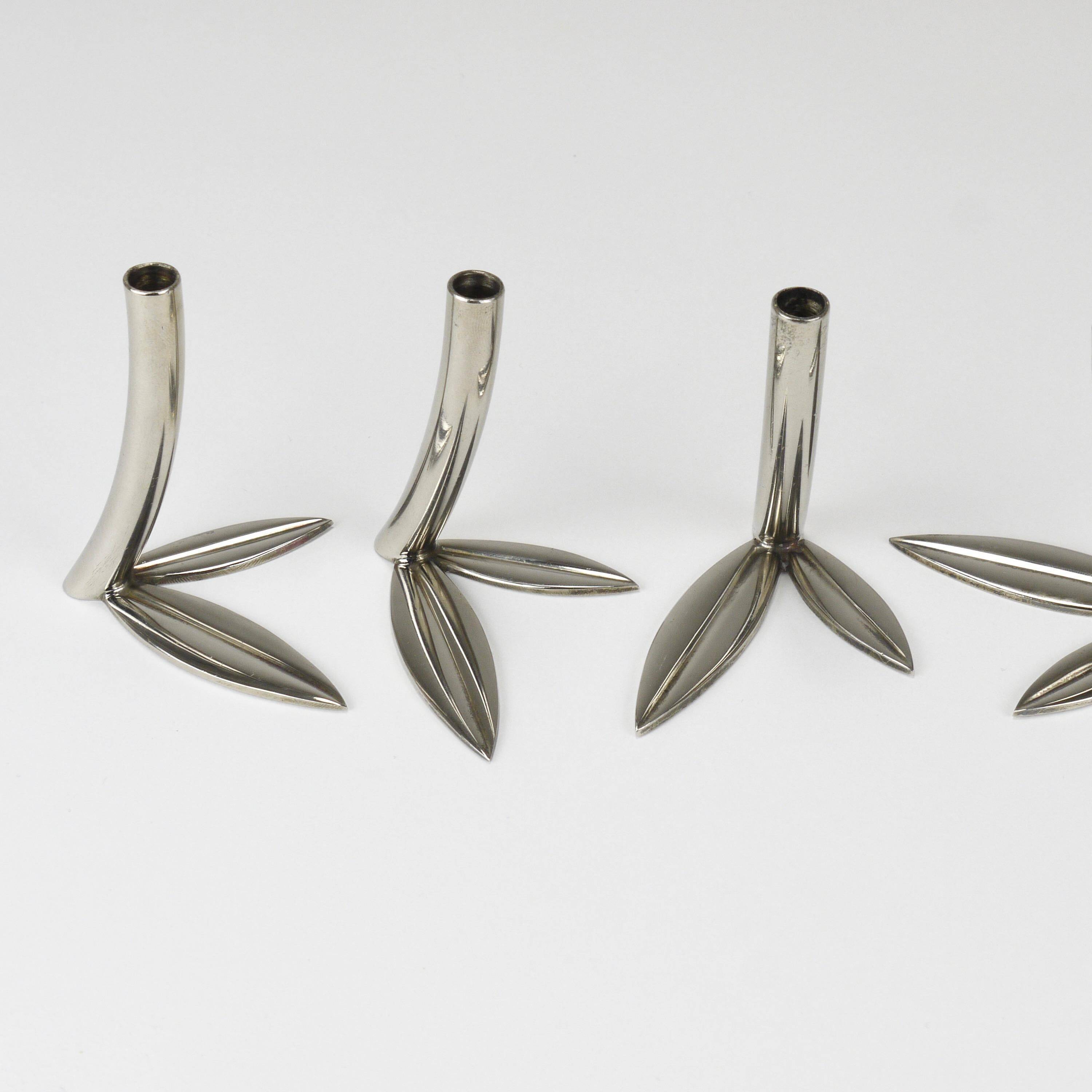 Werkstätte Hagenauer Up to 6 Soliflore Vases Leaf, Brass & Nickel, Vienna, 1960s