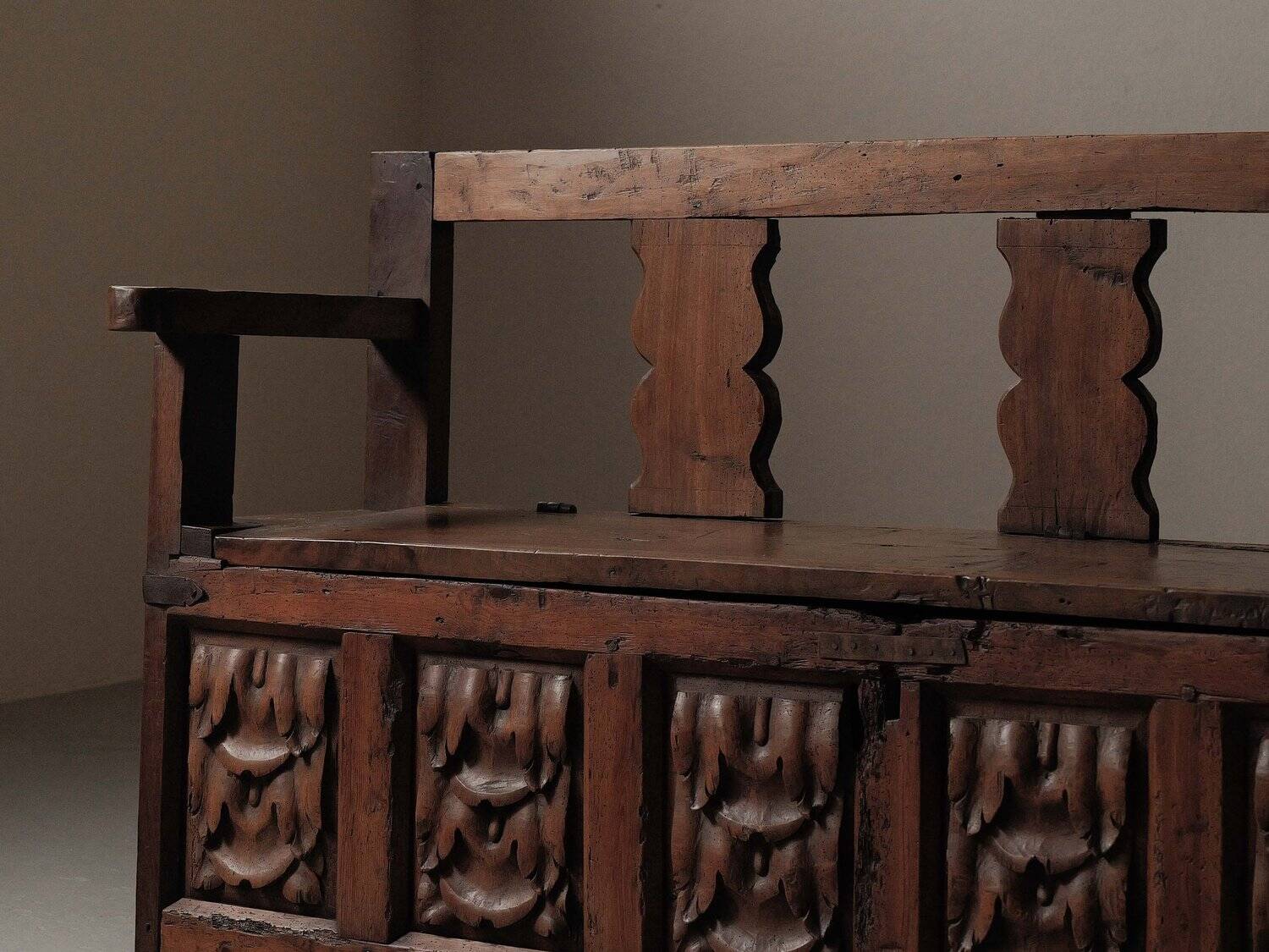 Carved solid wood bench-chest, 18th century