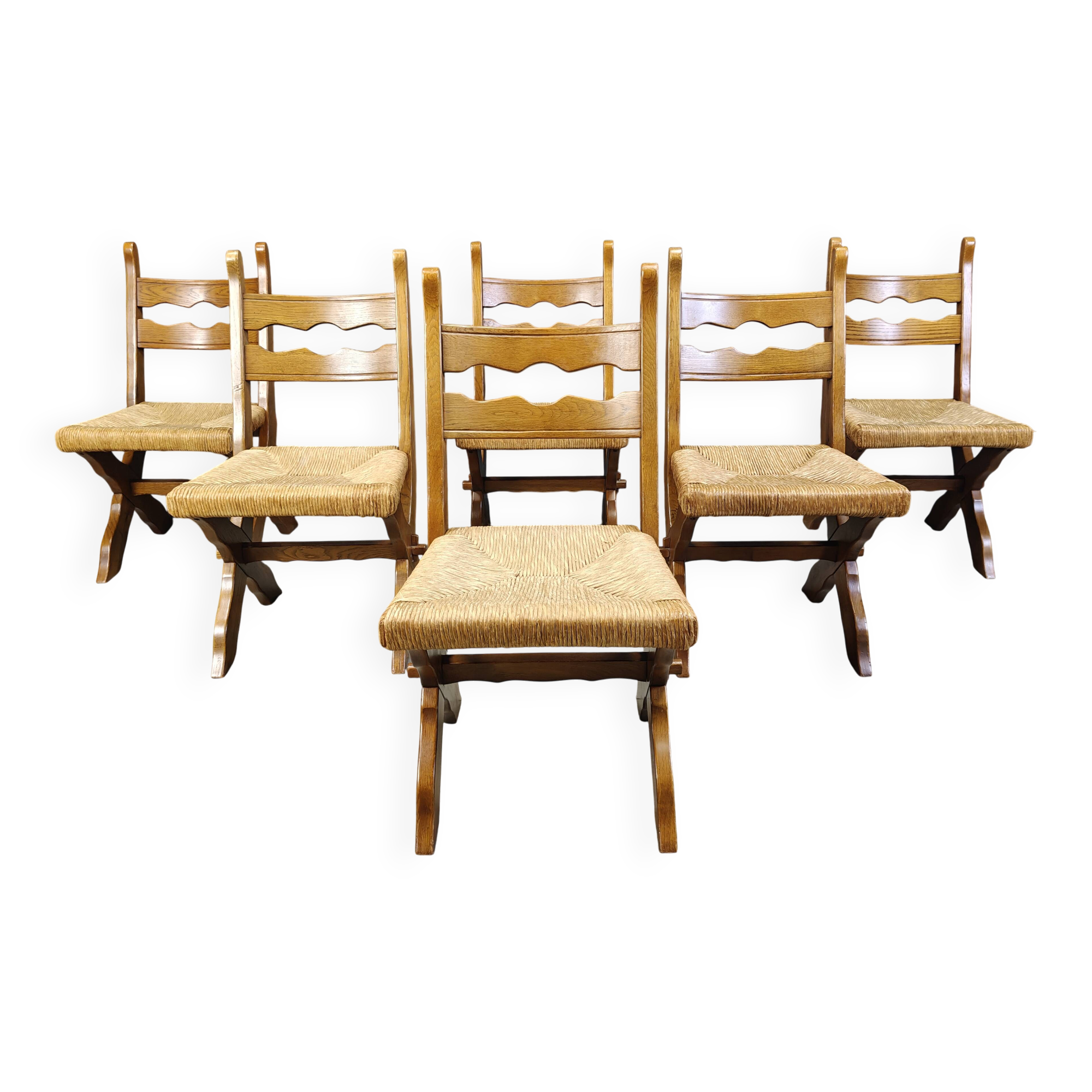 Vintage oak and wicker brutalist chairs, 1960s - set of 6