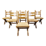 Vintage oak and wicker brutalist chairs, 1960s - set of 6